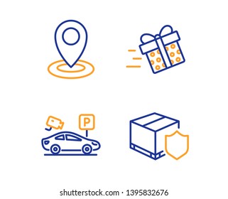 Parking security, Location and Present delivery icons simple set. Delivery insurance sign. Video camera, Map pointer, Shopping service. Parcel protection. Transportation set. Vector