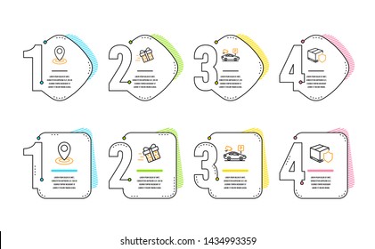 Parking security, Location and Present delivery icons simple set. Delivery insurance sign. Video camera, Map pointer, Shopping service. Parcel protection. Transportation set. Infographic timeline