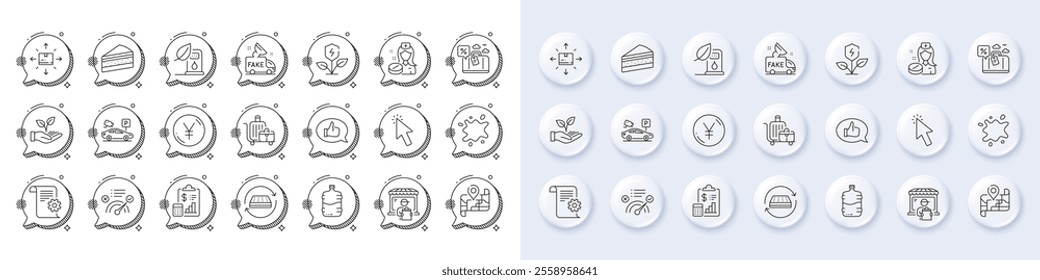 Parking security, Map and Eco power line icons. White pin 3d buttons, chat bubbles icons. Pack of Fake news, Cardboard box, Dirty spot icon. Nurse, Feedback, Travel loan pictogram. Vector