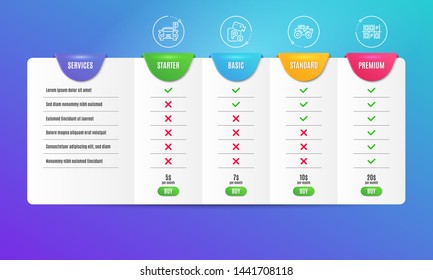 Parking security, Tractor and Parking icons simple set. Comparison table. Video camera, Farm transport, Car park. Transport. Transportation set. Pricing plan. Compare products. Vector