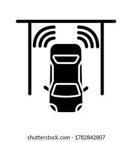 Parking sensors black glyph icon. Smart driver assistance, automotive technology, driving safety silhouette symbol on white space. Modern automobile with proximity sensors vector isolated illustration