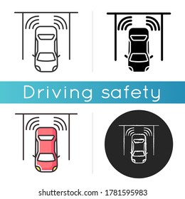 Parking sensors icon. Smart driver assistance, automotive technology, driving safety. Linear black and RGB color. Modern automobile with proximity sensors isolated vector illustrations
