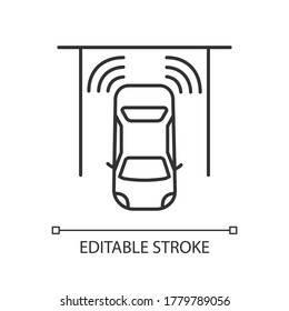 Parking sensors pixel perfect linear icon. Smart driver assistance technology, driving safety thin line customizable illustration. Contour symbol. Vector isolated outline drawing. Editable stroke