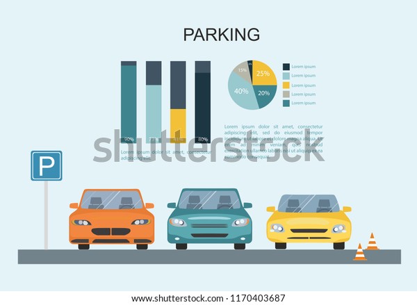 Parking lot with a set of different cars.\
Flat vector car\
Infographic