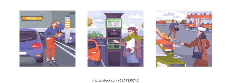 Parking set of flat compositions with outdoor and indoor views of parking lots cars and people vector illustration