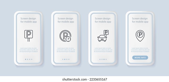 Parking set icon. Car, driver, drivers license, paid, free, dollar, time, clock, ticket, pass, talon, transport, roas sign, coupon. Road traffic concept. Ui phone app screen. Neomorphism style