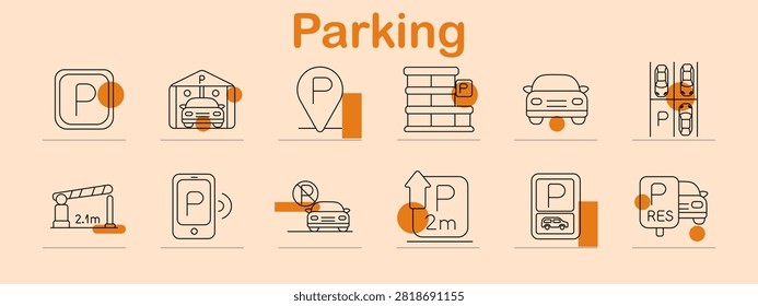 Parking set icon. Directional symbol, automobile garage, locator pin, structured facility, vehicle entrance, roadside arrangement, clearance restriction, mobile payment, prohibited stopping