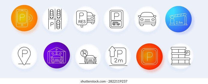 Parking set icon. Mobile reservation, underground entrance, automobile access, clearance limitation, navigation pin, vehicle storage, roadway control, transport facility, urban station, directional