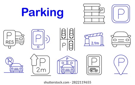 Parking set icon. Reservation sign, smartphone payment, height restriction, navigation pin, covered garage, prohibition notice, automobile storage, transport guidance, roadway management