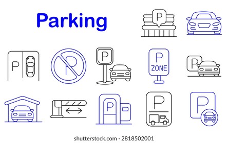 Parking set icon. Reserved area, prohibition sign, barrier gate, transport zone, garage station, automobile location, truck access, navigation marker, urban mobility, vehicle management
