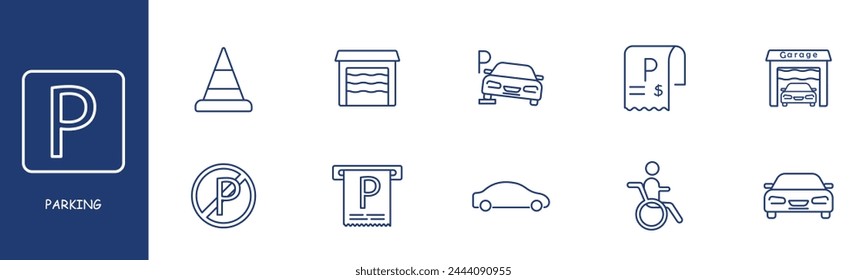 Parking set line icon. Car, stroller, garage, cone, bill. Pastel colors background Vector line icon for business and advertising