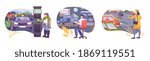Parking set of three compositions with flat urban landscapes people with cars and cctv surveillance guard vector illustration