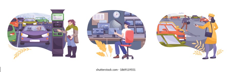 Parking set of three compositions with flat urban landscapes people with cars and cctv surveillance guard vector illustration