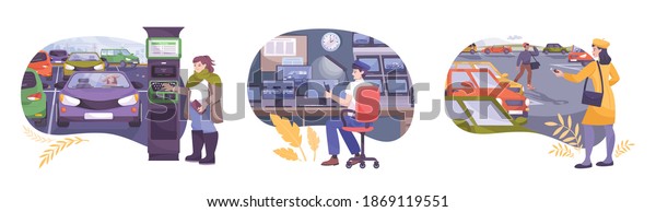 Parking set of three compositions with flat\
urban landscapes people with cars and cctv surveillance guard\
vector illustration