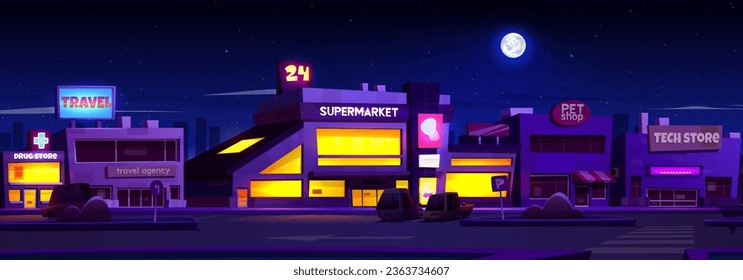 Parking lot of shopping center or supermarket at night - illuminated shop and pharmacies windows and cars parked nearby. Cartoon vector evening cityscape with entrance to mall or megastore.