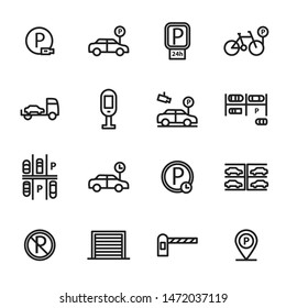 Parking Sign Black Thin Line Icon Set Include of Car, Area, Bicycle and Pointer. Vector illustration of Icons