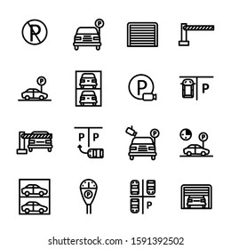 Parking Sign Black Thin Line Icon Set Include of Car, Gate, Place and Camera. Vector illustration of Icons