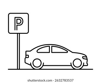 Sinal de estacionamento e Silhueta do lado do carro. Conceito de estacionamento