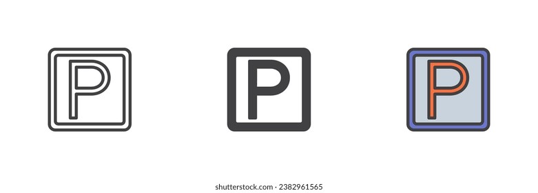 Parking sign different style icon set. Line, glyph and filled outline colorful version, outline and filled vector sign. Symbol, logo illustration. Vector graphics