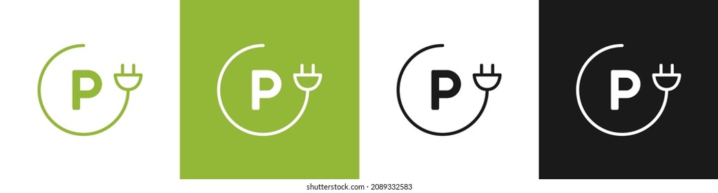 Parking sign for green vehicle charge. Electric car charging station icons set. Vector illustration