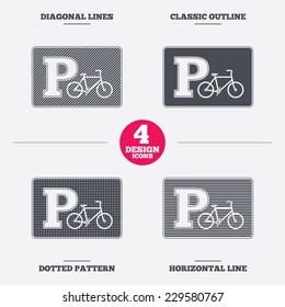 Parking sign icon. Bicycle parking symbol. Diagonal and horizontal lines, classic outline, dotted texture. Pattern design icons.  Vector