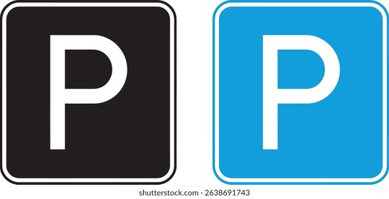 Parking Sign Icon – Black and Blue Square P Symbols for Parking Area and Road Signage