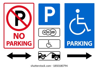 Parking sign icon vector set. Paid and for disabled people, car evacuation.