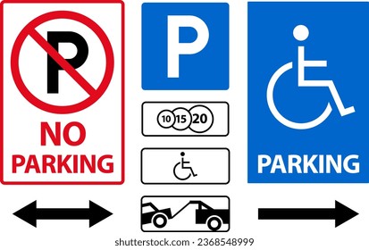 Parking sign icon vector set. Paid and for disabled people, car evacuation.