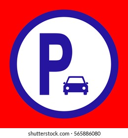 Parking sign illustration. Blue icon in white circle at red background. Colors of USA flag. Circumscribed circle. Circumcircle.