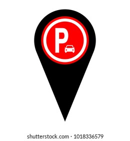 Parking sign illustration. Vector. Flat white icon in red circle at black marker on white background. Isolated.