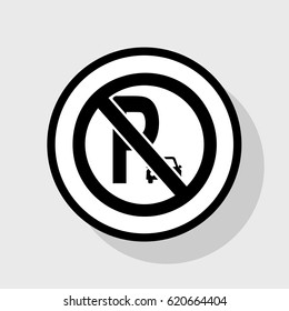 Parking sign illustration. Vector. Flat black icon in white circle with shadow at gray background.