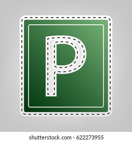 Parking sign illustration. Vector. Green icon with outline for cutting out at gray background.