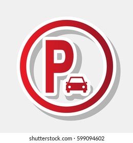 Parking sign illustration. Vector. New year reddish icon with outside stroke and gray shadow on light gray background.