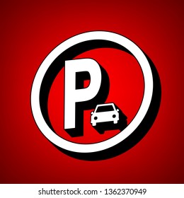 Parking sign illustration. Vector. Perspective view of white icon with black outline at reddish background.