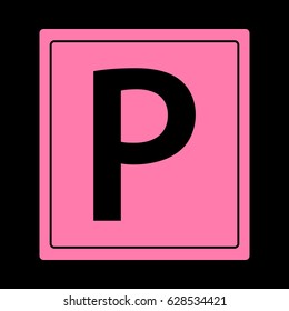 Parking sign illustration. Vector. Pink icon on black background.