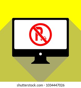 Parking sign illustration. Vector. Red icon on white monitor of black all-in-one desktop computer with two shadows at yellow background.