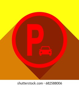 Parking sign illustration. Vector. Red icon with two flat reddish shadows on yellow background.