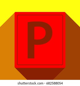 Parking sign illustration. Vector. Red icon with two flat reddish shadows on yellow background.