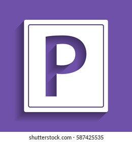 Parking sign illustration. Vector. White icon with soft shadow on grape violet background.