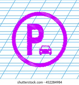 Parking sign illustration. Violet scribble icon with school paper.