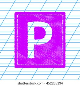 Parking sign illustration. Violet scribble icon with school paper.