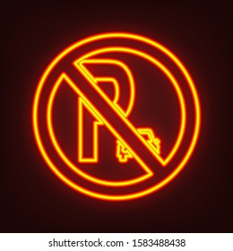 Parking sign illustration. Yellow, orange, red neon icon at dark reddish background. Illumination. Illustration.