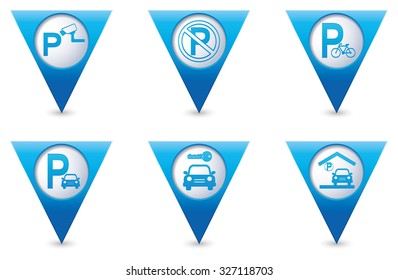 Parking sign on blue triangular map pointers. Vector illustration