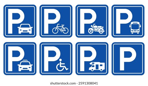 Parking sign set. Parking sign car, bicycle, motorcycle, bus, disabled person, campervan, visitor parking signboard. Vector illustration.