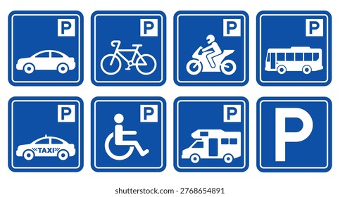 Parking sign set. Parking sign car, bicycle, motorcycle, bus, disabled person, campervan, visitor parking signboard. Vector illustration.