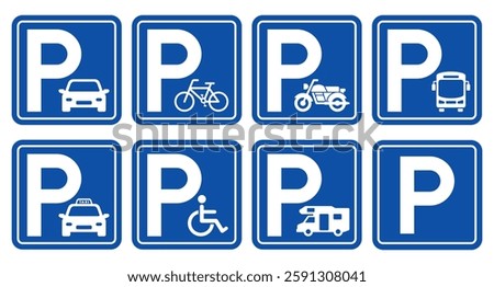 Parking sign set. Parking sign car, bicycle, motorcycle, bus, disabled person, campervan, visitor parking signboard. Vector illustration.