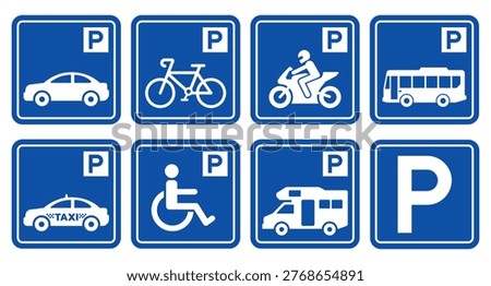 Parking sign set. Parking sign car, bicycle, motorcycle, bus, disabled person, campervan, visitor parking signboard. Vector illustration.
