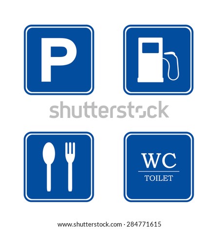 Parking sign. Set : toilet, WC,  gas station, coffee  . Parking area 