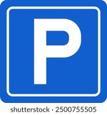 Parking sign vector illustration, blue colour P sign, Isolated vector illustration, Letter P symbol, valet parking sign, Reserved parking symbol, paidparking zone, parking area icon.