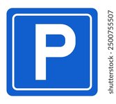Parking sign vector illustration, blue colour P sign, Isolated vector illustration, Letter P symbol, valet parking sign, Reserved parking symbol, paidparking zone, parking area icon.